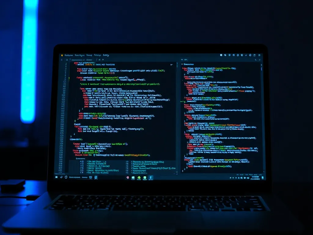 A high-contrast technical photo of a laptop screen with comp