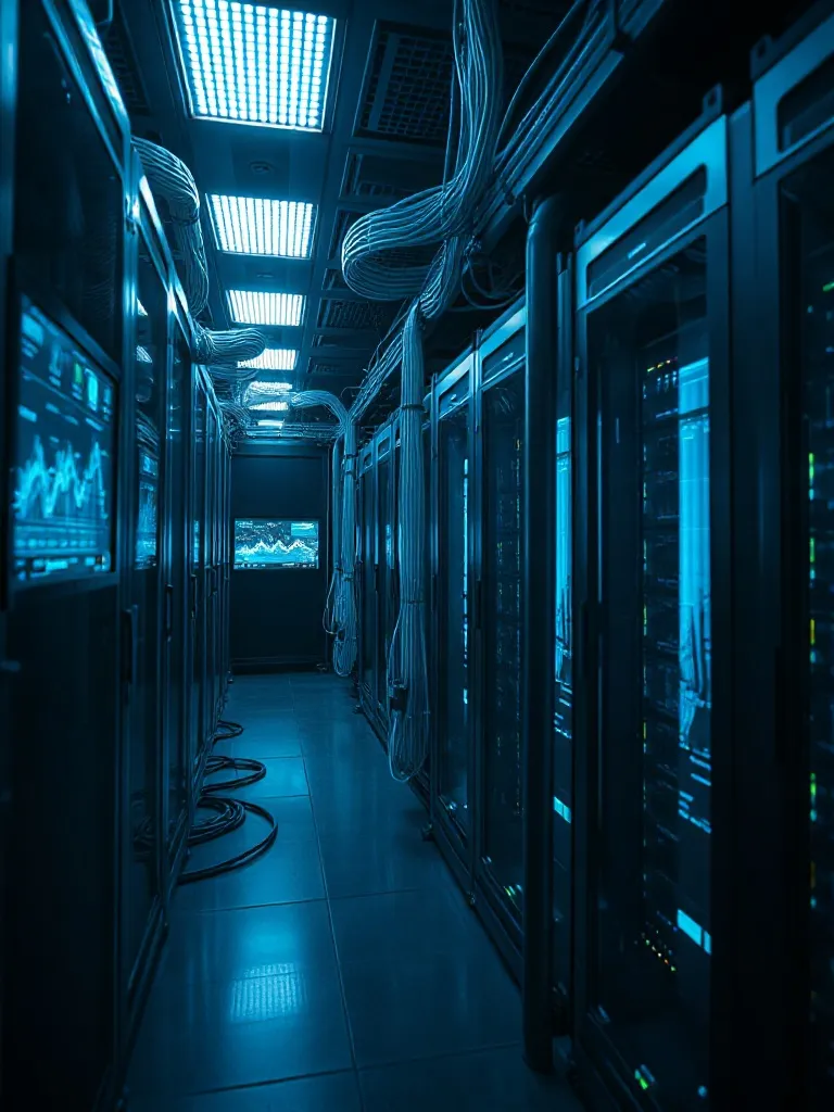 A high-tech dark server room with glowing blue fiber optic c